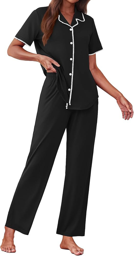 Ekouaer Women's Pajama Sets Button Down Loungewear Short Sleeve Sleepwear 2 Piece Pants Pjs Set w... | Amazon (US)