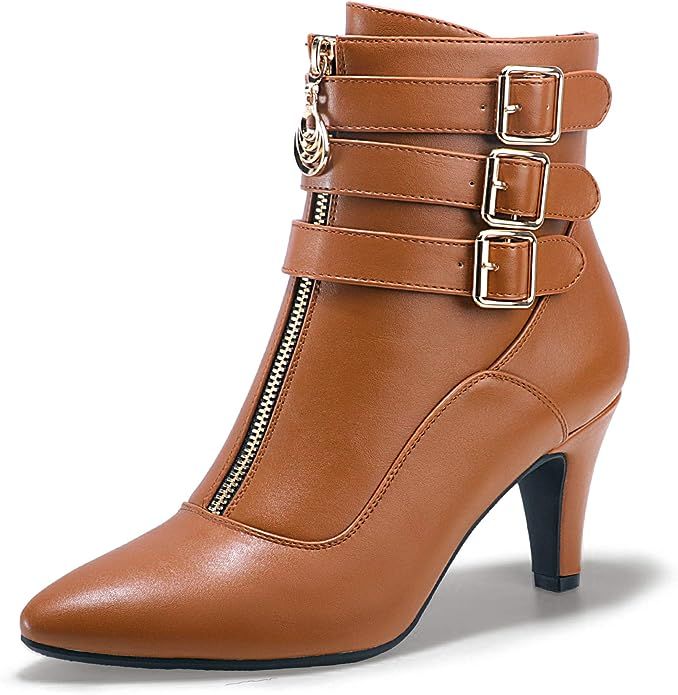 Amazon.com | IDIFU Women's Buckle Strap Ankle Booties 3 Inch Pointed Toe Zipper Heels Dress Jeans... | Amazon (US)