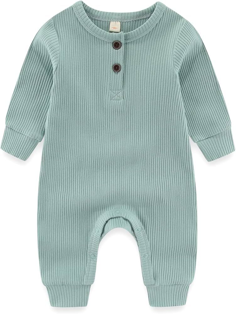 Newborn Baby Boys Girls One Piece Romper with Mitten Cuffs Solid Long Sleeve Ribbed Button Jumpsu... | Amazon (US)