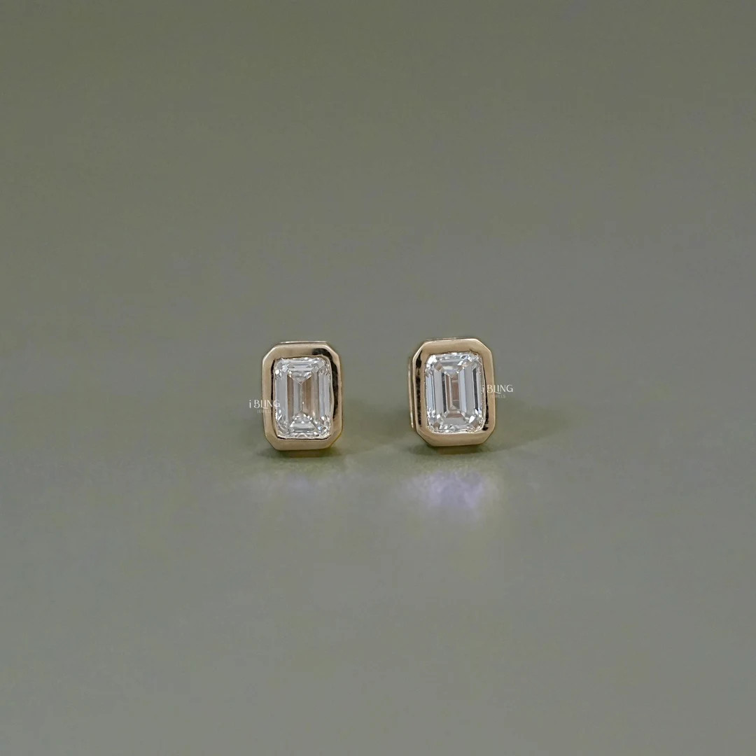 Emerald Cut Lab Grown Diamond Stud Earrings /  Eco Friendly Diamond Bezel Set Stud Earrings / 14K... | Etsy (US)