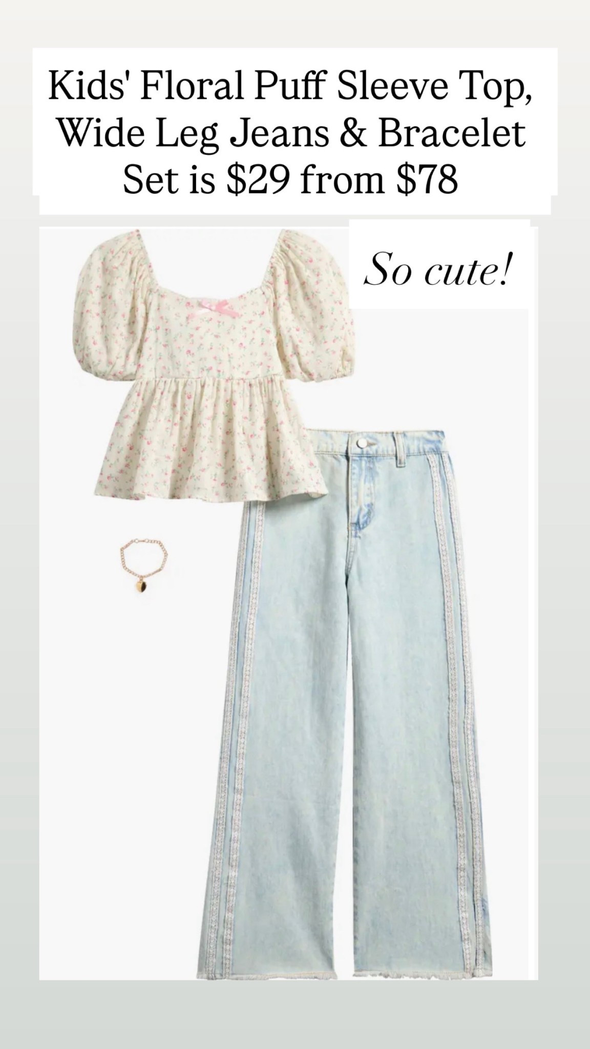 Kids' Floral Puff Sleeve Top, Wide Leg Jeans & Bracelet Set is $29 from $78

#LTKSaleAlert #LTKKids