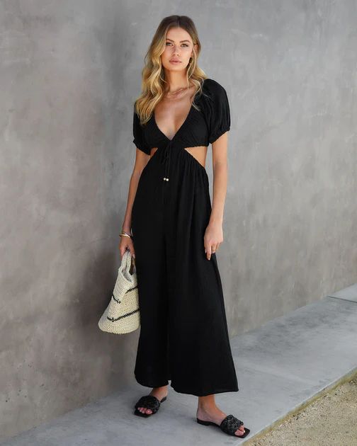 Portofino Breeze Cotton Puff Sleeve Cutout Jumpsuit - Black | VICI Collection