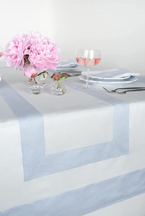 Solino Home Linen Tablecloth 60 x 108 Inch – 100% Pure Linen Light Blue and White Table Cover f... | Amazon (US)