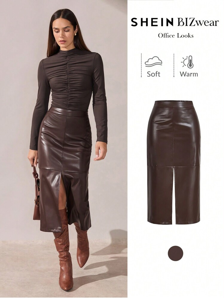 BizChic Falda con abertura alta de PU para mujer, atuendo de oficina casual de negocios para viaj... | SHEIN