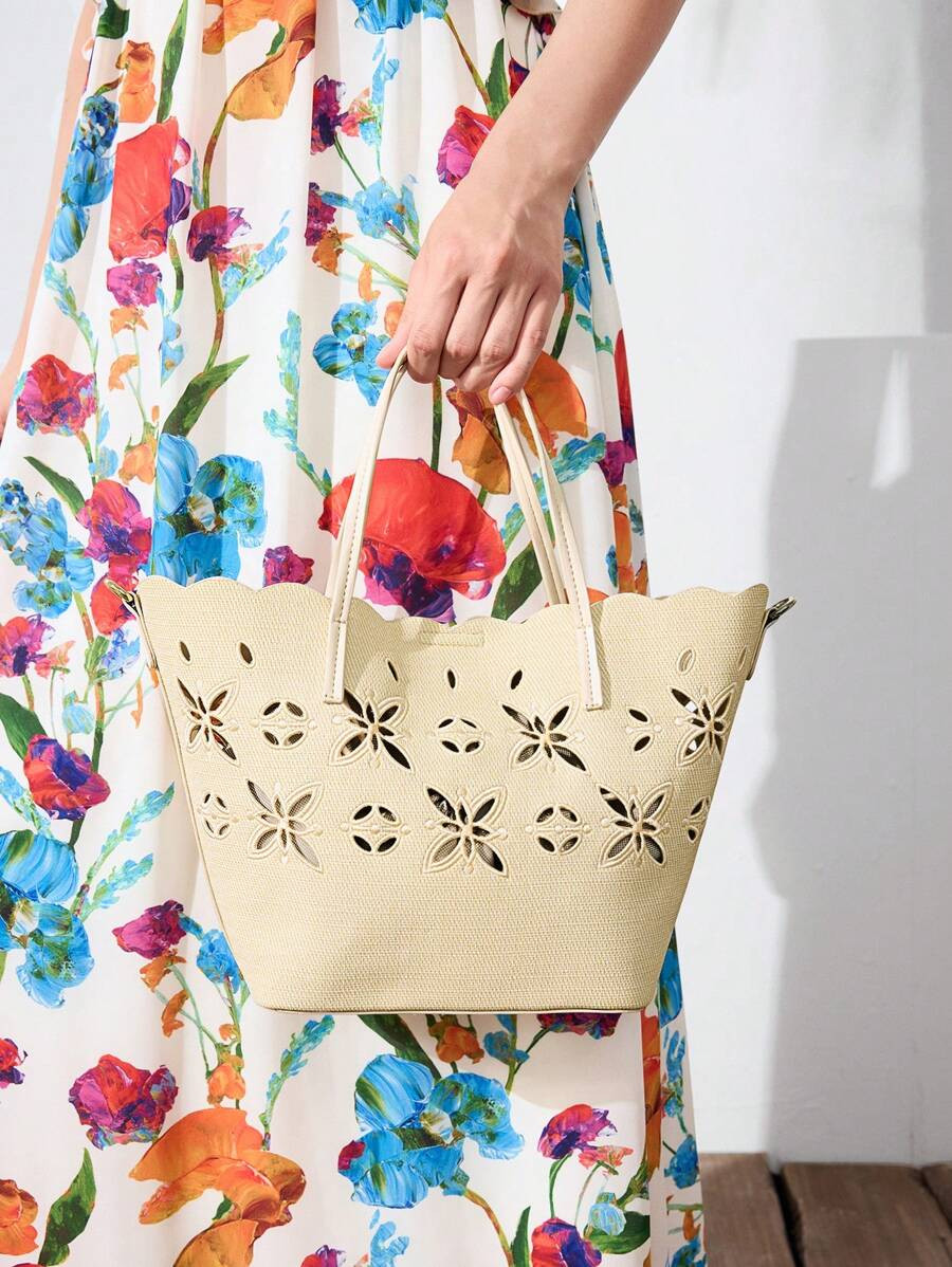 MOTF PREMIUM WOMEN'S FASHIONABLE CASUAL VACATION STYLE SOLID COLOR EMBROIDERED HOLLOW OUT TOTE BA... | SHEIN