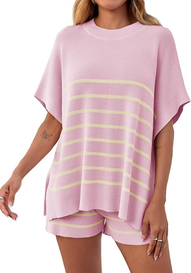 Fisoew Women's Striped 2 Piece Outfits Oversized Batwing Short Sleeve Tops High Waisted Shorts Su... | Amazon (US)