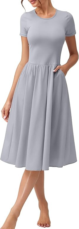 OQQ Women Summer Casual Short Sleeve Crewneck Aline Swing Flowy Long Dress 2025 Trendy Outfits | Amazon (US)