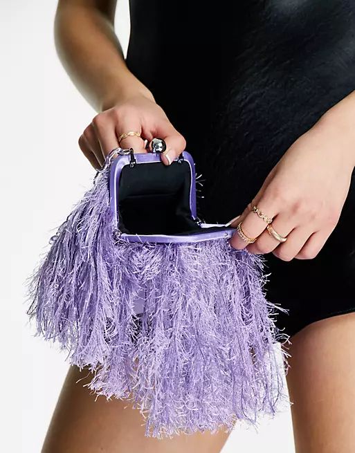 ASOS DESIGN faux feather clutch with resin handle in purple | ASOS (Global)