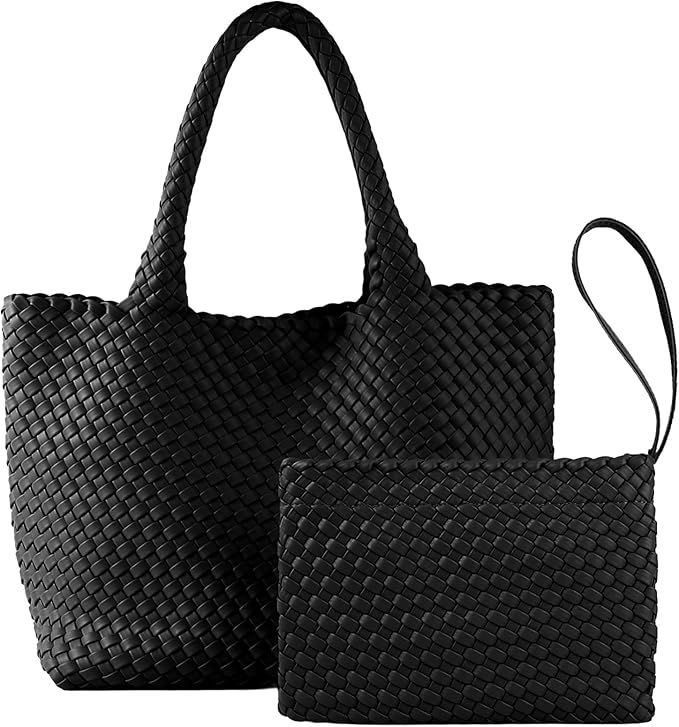 Woven Tote Bag for Women, Vegan Leather Handwoven Bags with Small Handmade Purse, Large Travel Br... | Amazon (US)