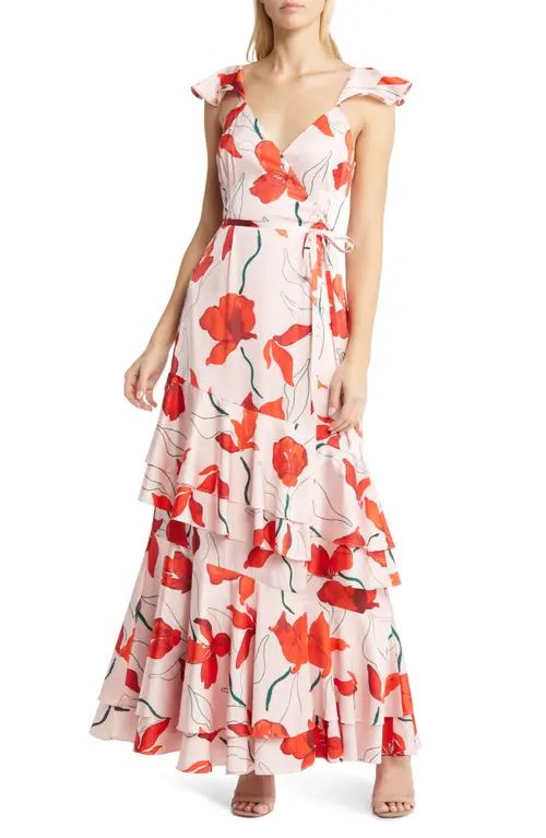 Hutch Senna Floral Tiered Wrap Maxi Dress in Blush Red Poppies Satin at Nordstrom, Size X-Small | Nordstrom