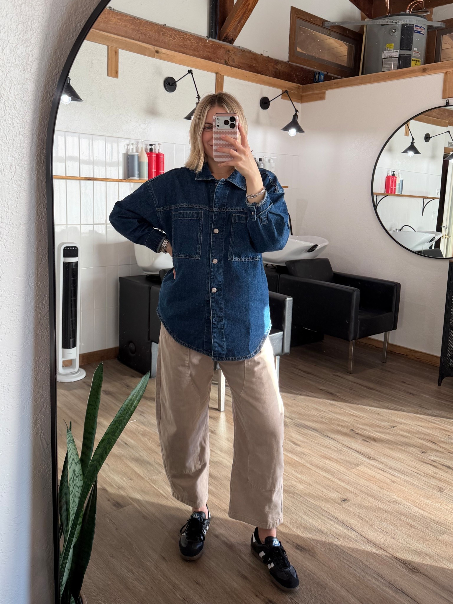 Salon outfit 1/19/26
Obsessed with these Gap cargo drawstring pants and Gap denim shirt, black Adidas, comfy casual winter outfit 

#LTKBump #LTKootd