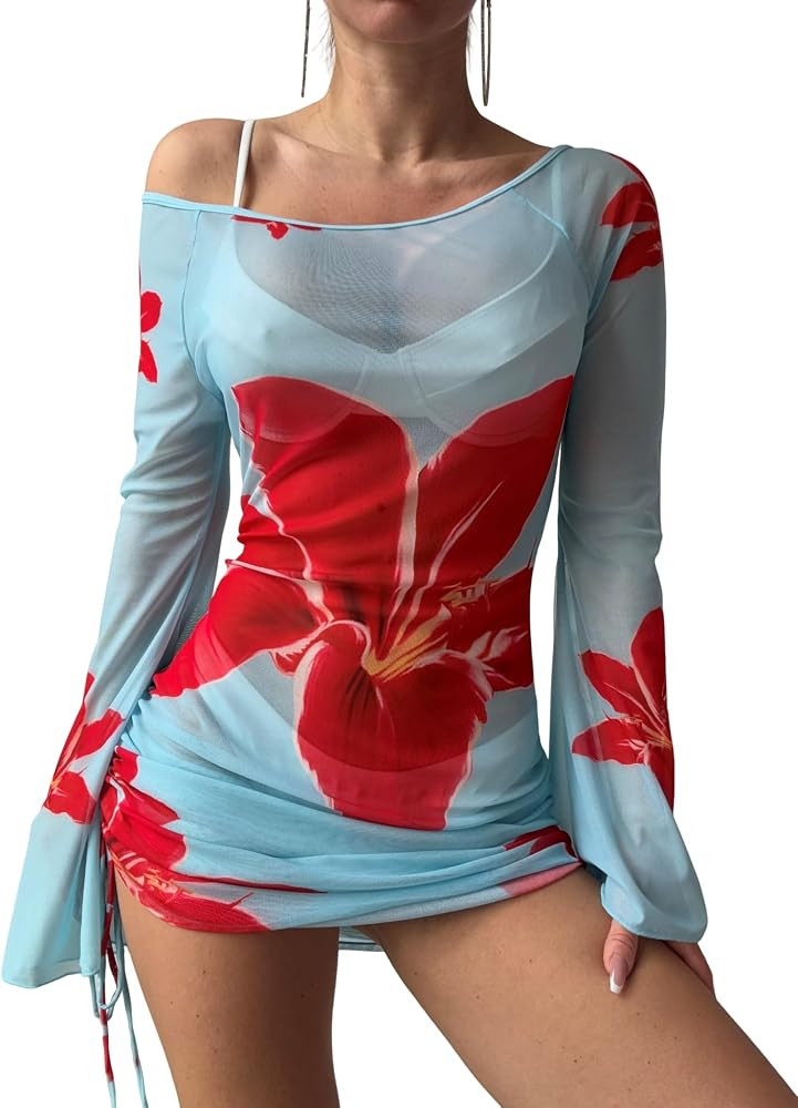 ZAFUL Womens Swimsuit Cover Up Dress Off Shoulder Mesh Swim Beach Dress | Amazon (US)