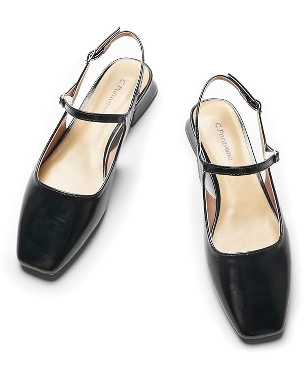 C.Paravano Women's Slingback Flats | Square Toe Slingback Flats for Women | Block Heel Sandals | Amazon (US)