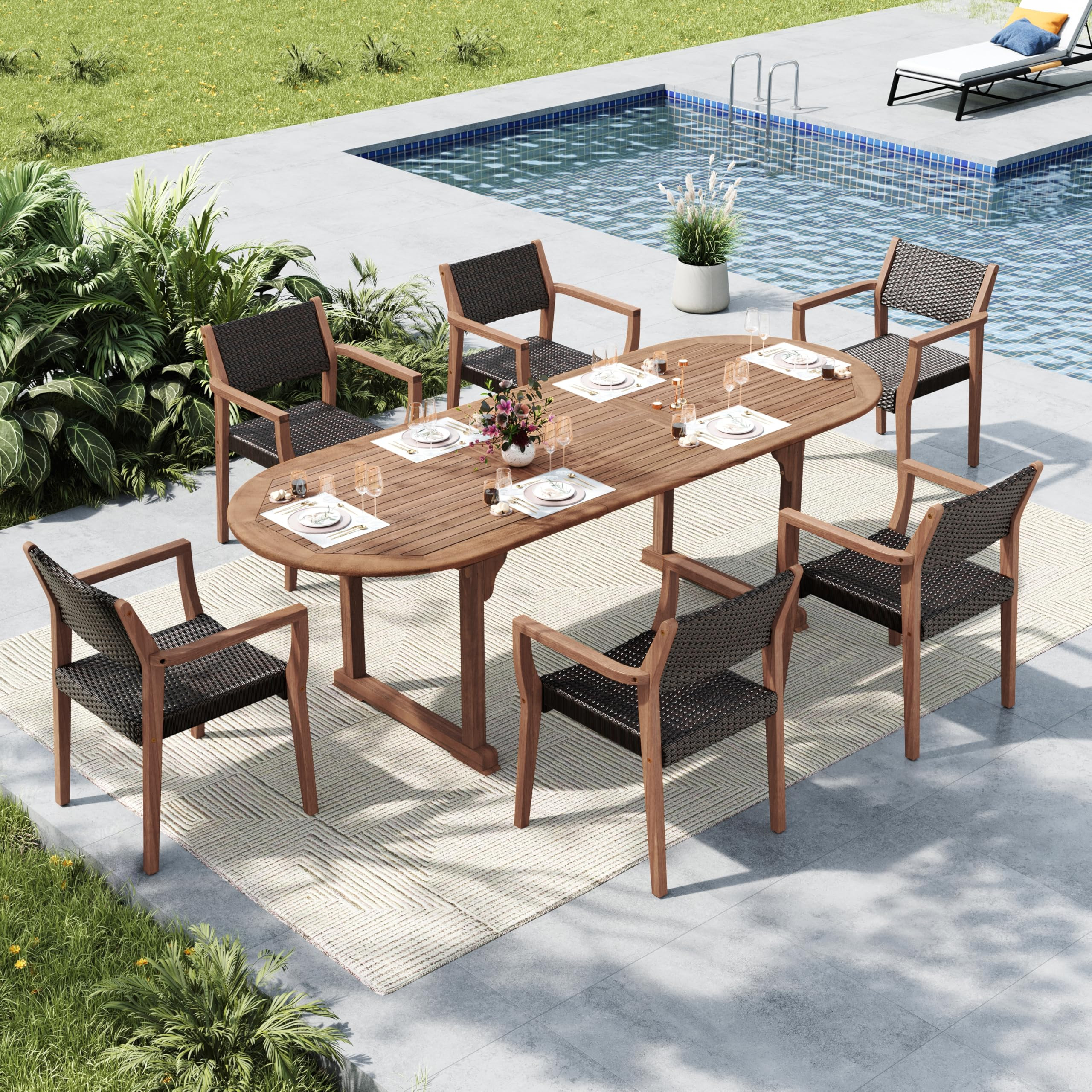 MFSTUDIO Teak Outdoor Dining Set for 6, Outdoor Wood Table and Chairs, Patio Expandable Dining Ta... | Amazon (US)
