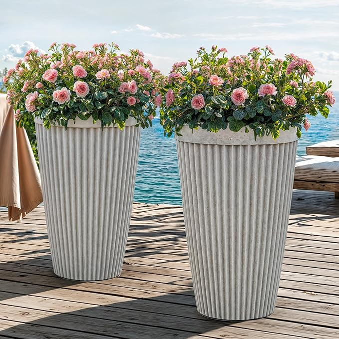 20" Resin Tall Planters for Outdoor Plants, Set of 2 Vintage Gray Large Flower Pots with Handmade... | Amazon (US)