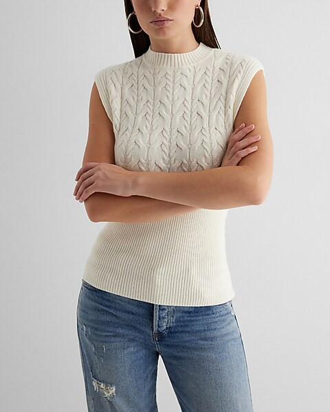 Cable Knit Ribbed Crew Neck Cap Sleeve Sweater | Express