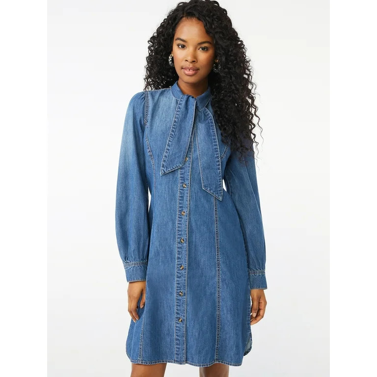 Scoop Women's Tie-Neck Denim Shirt Dress | Walmart (US)