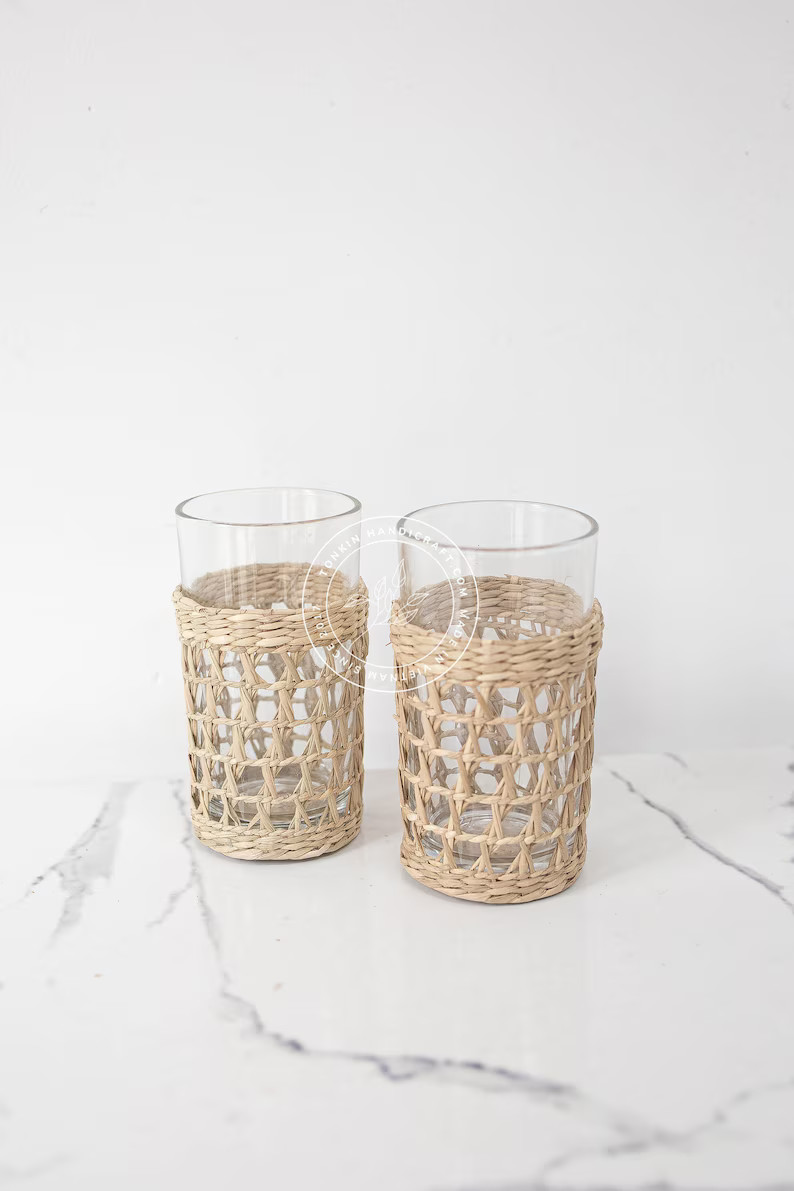 Seagrass Highball Glasses, Woven Seagrass Wrapped Glassware, Braided Weaving Seagrass Holder Drin... | Etsy (US)