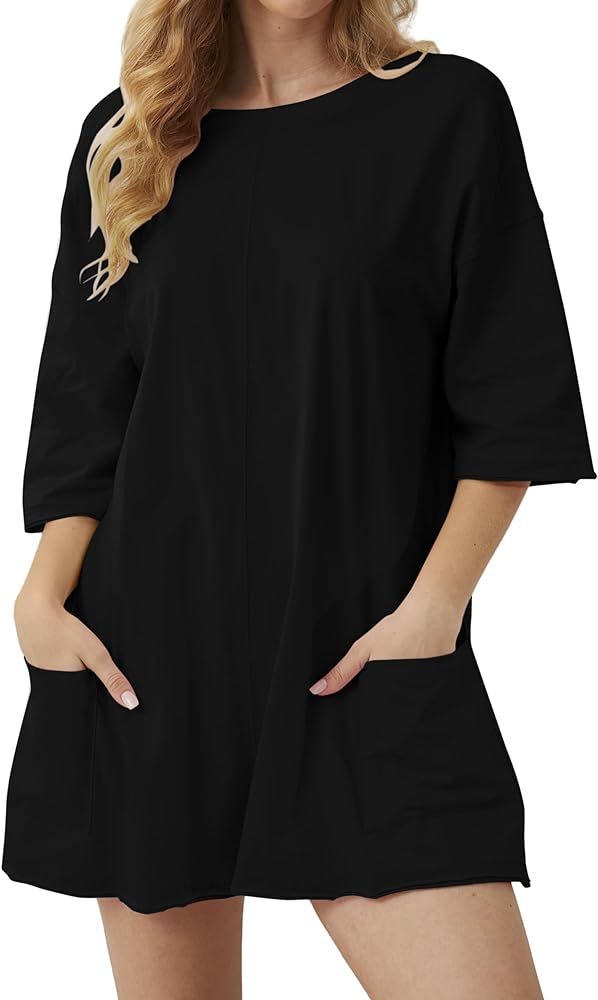 Womens Oversized Romper Back V Neck Half Sleeve Jumpsuit Crewneck Tee Romper Overalls with Pocket... | Amazon (US)