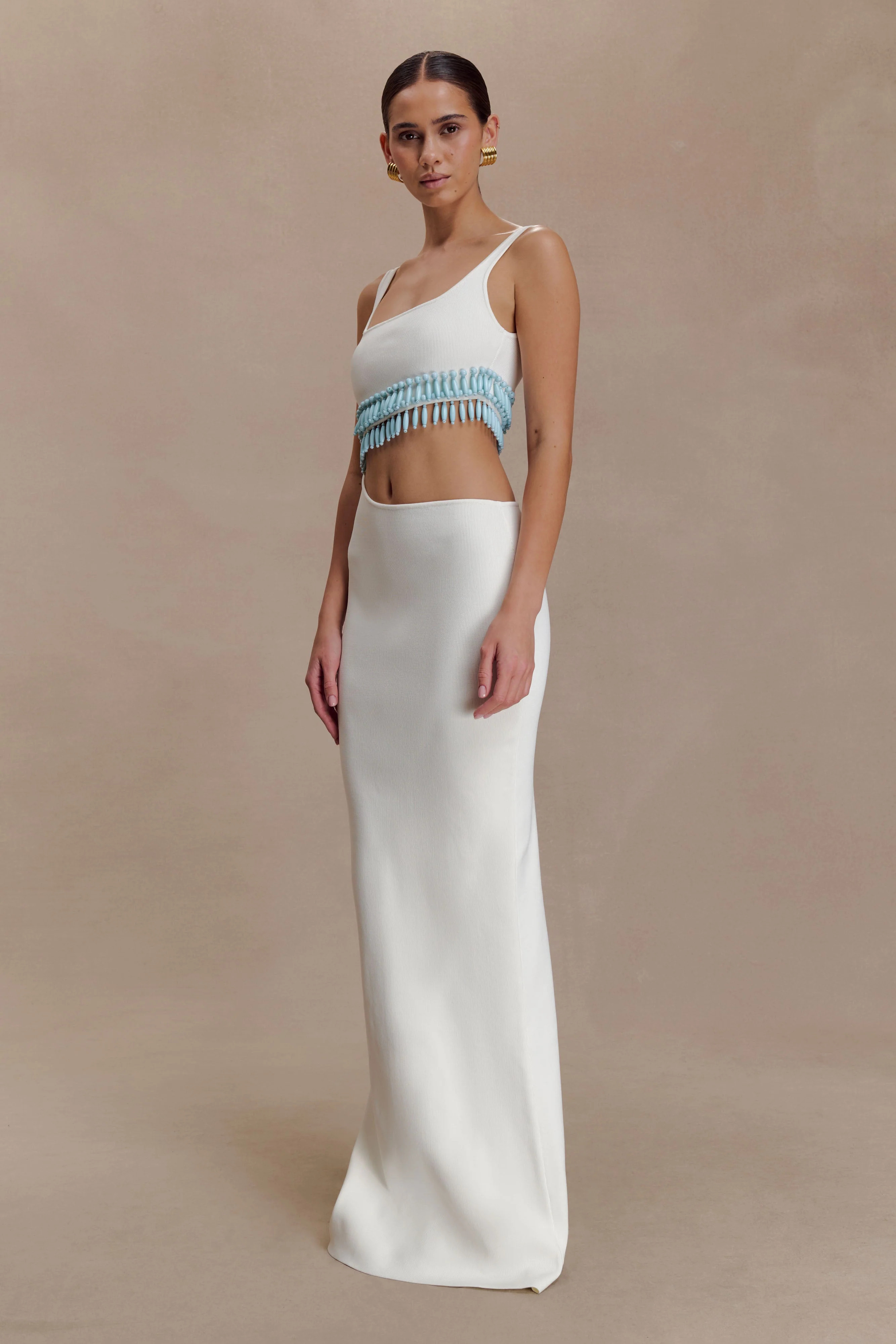 Ruvic Knit Maxi Beaded Dress - White | MESHKI US