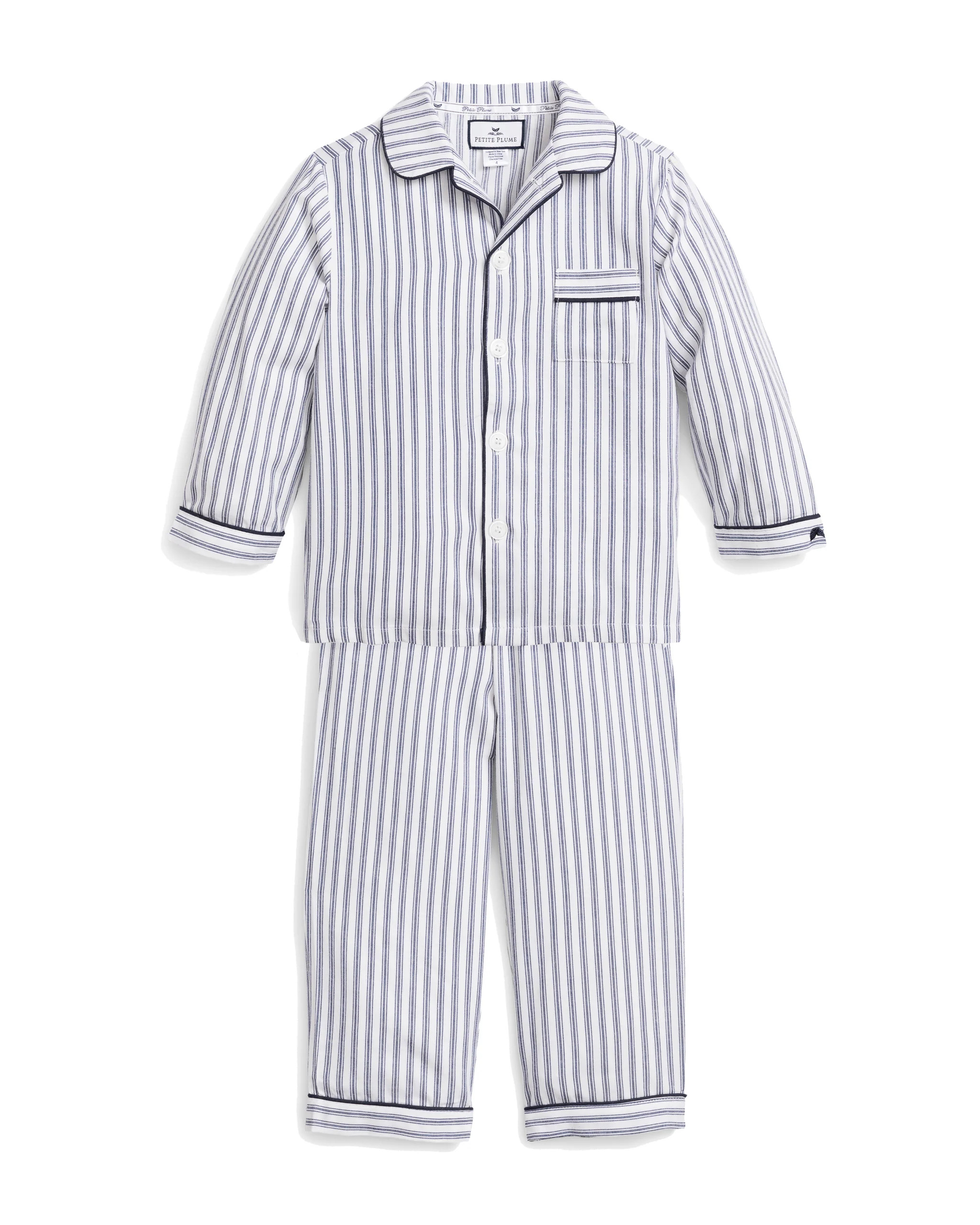 Kid's Twill Pajama Set in Navy French Ticking | Petite Plume