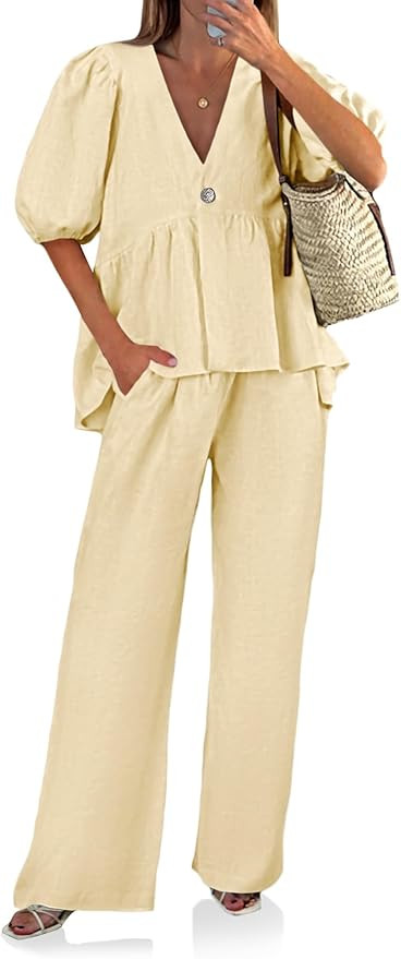 Tankaneo Womens 2 Piece Linen Sets Summer Vacation Outfits V Neck Puff Sleeve Babydoll Tops Wide ... | Amazon (US)