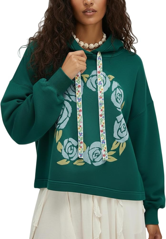 Womens Hoodies Oversized Floral Patchwork Sweatshirt Waffle Drop Shoulder Casual Drawstring Long ... | Amazon (US)