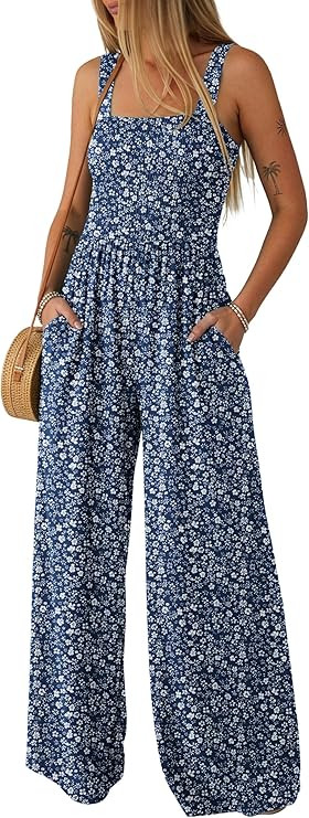 Lepunuo Jumpsuits for Women Casual One Piece Overalls Smocked Wide Leg Long Rompers With Pockets ... | Amazon (US)