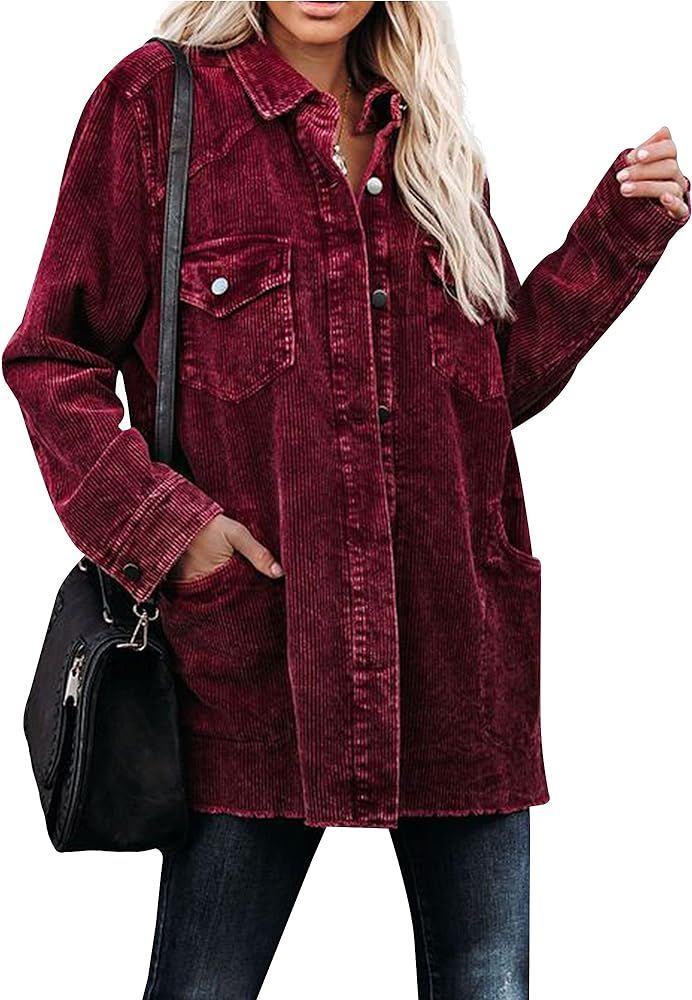 Hixiaohe Women's Casual Oversized Button Down Corduroy Shirt Jacket Coat Washed Retro Shacket | Amazon (US)