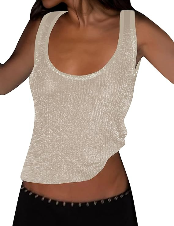 Women Sexy Fishnet Knit Glittering Scoop Neck Crop Tank Going Out Top Sheer Mesh Solid Slim Cropp... | Amazon (US)