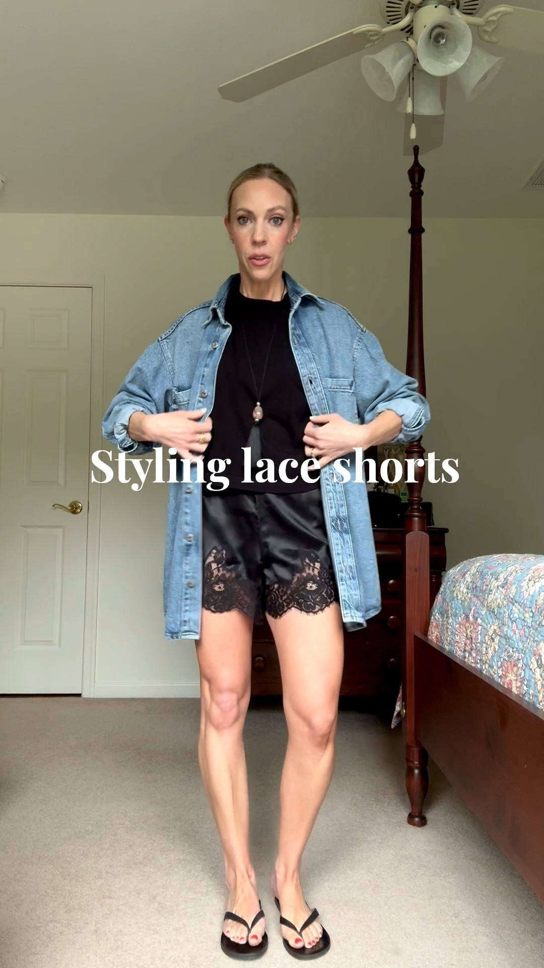 Styling lace shorts with a cropped tee, oversized denim shirt, and leather thong sandals

#LTKSeasonal #LTKgrwm #LTKOver40