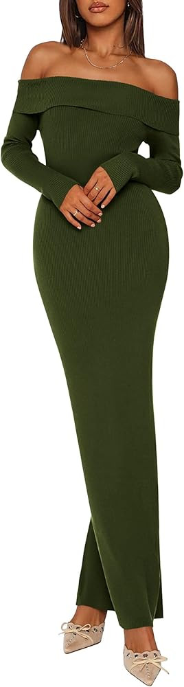 PRETTYGARDEN Women's 2025 Fall Sweater Dress Long Sleeve Off Shoulder Slit Maxi Bodycon Cocktail ... | Amazon (US)