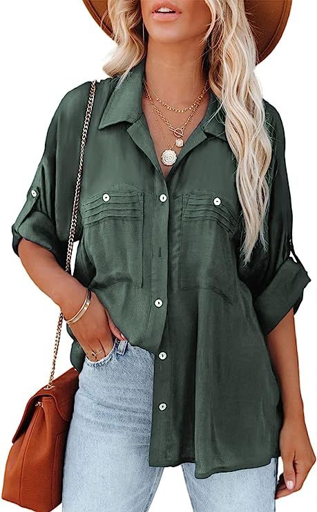 Astylish Womens Casual Roll up Sleeve Lightweight Blouse Top Button Down Tunic Shirts with Pocket | Amazon (US)