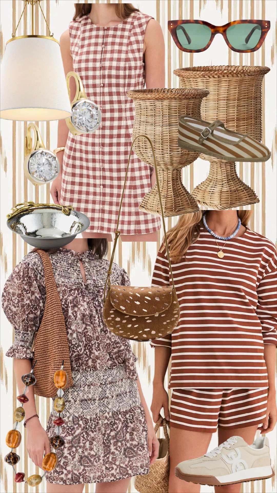 Fall outfits! 

• Brown + cream gingham button-front mini dress
• Tortoiseshell cat-eye sunglasses
• Woven rattan pedestal planters
• Brown + cream striped Mary Jane espadrilles
• Gold statement crystal ring
• Gold + crystal drop earrings
• Silver serving bowl with bamboo-style handles
• Brown floral puff-sleeve mini dress
• Woven raffia shoulder bag
• Amber + tortoise beaded necklace
• Brown spotted calf-hair crossbody bag
• Brown + white striped oversized tee
• Matching striped pull-on shorts
• Blue beaded necklace + gold pendant
• Cream retro sneakers with gum sole

#FallFashion #FallStyle #FallOutfits #FallFinds #GrandmillennialStyle #ClassicStyle #PreppyStyle #BrownForFall #FallHomeDecor #RattanDecor #LTKStyle #LTKHome #TheBrokeBrooke