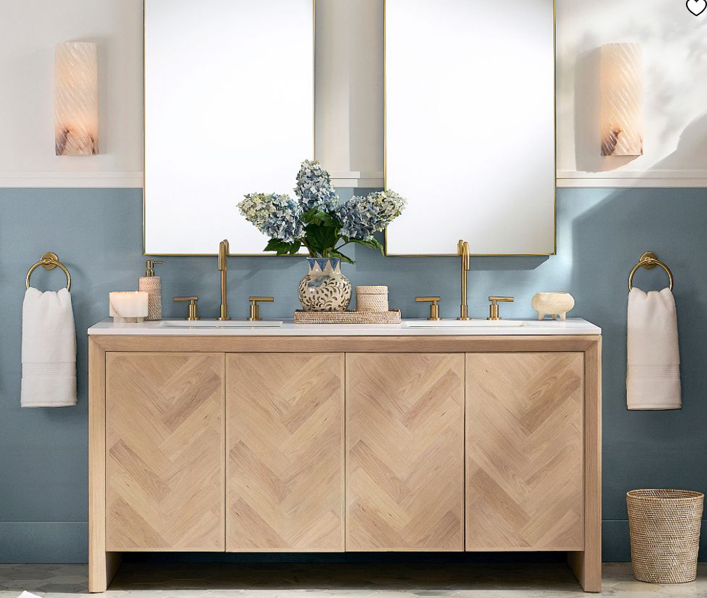 Blair Herringbone 64" Double Sink Vanity white glove delivery bathroom vanity double sinks master bathroom light wash wood finish stain herringbone design chic home furniture home build 

 