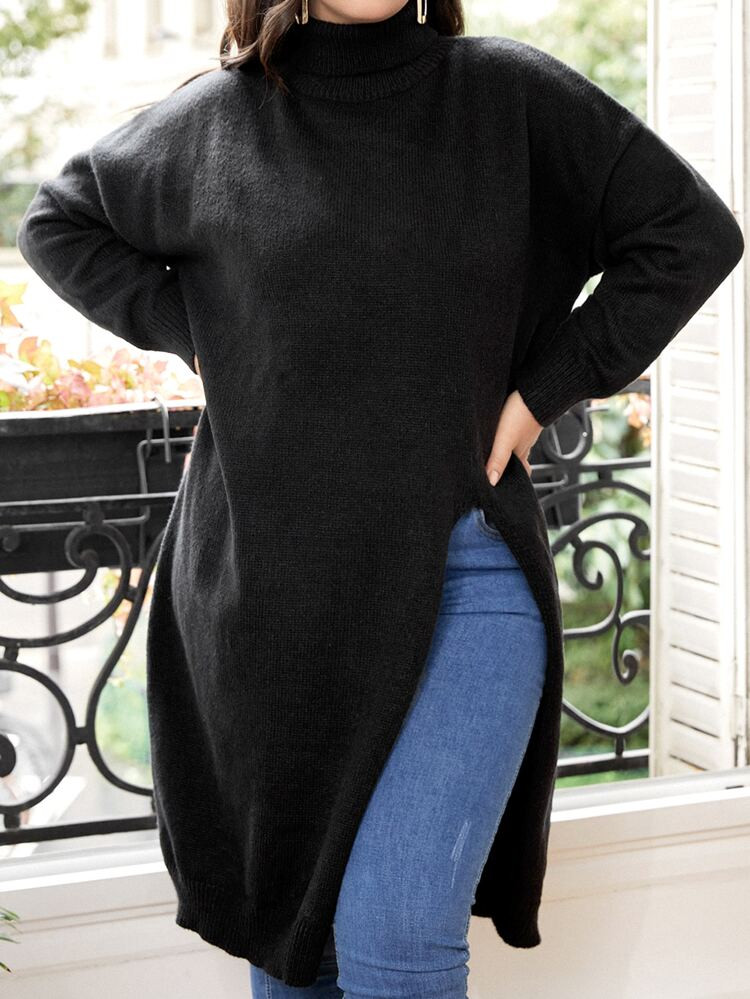 Plus Turtleneck Drop Shoulder Split Hem Longline Sweater | SHEIN