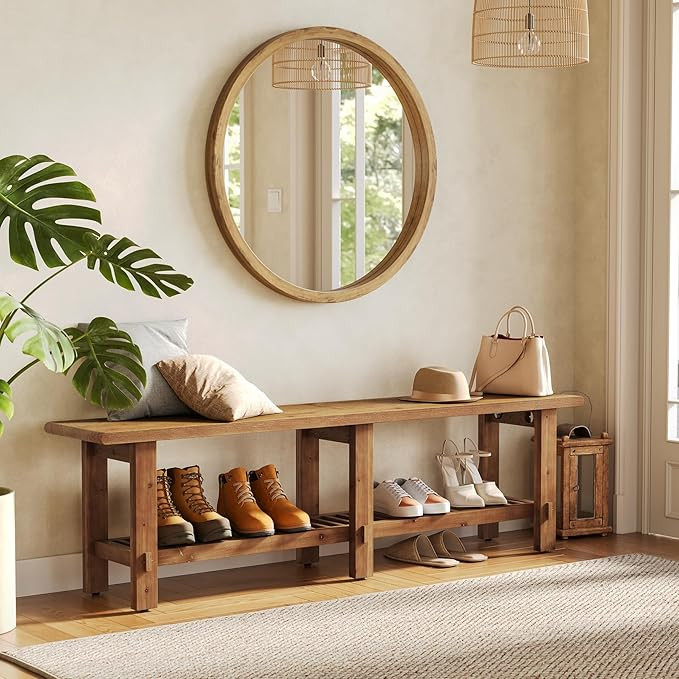 LITTLE TREE Solid Wood Entryway Shoe Bench, 63" Farmhouse Narrow End of Bed Bench with Storage Ra... | Amazon (US)
