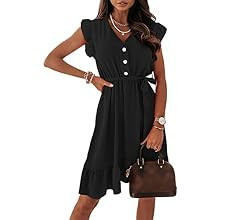 Langwyqu Womens V Neck Dress Summer Ruffle Sleeve High Waist Swing Dresses with Belt | Amazon (US)
