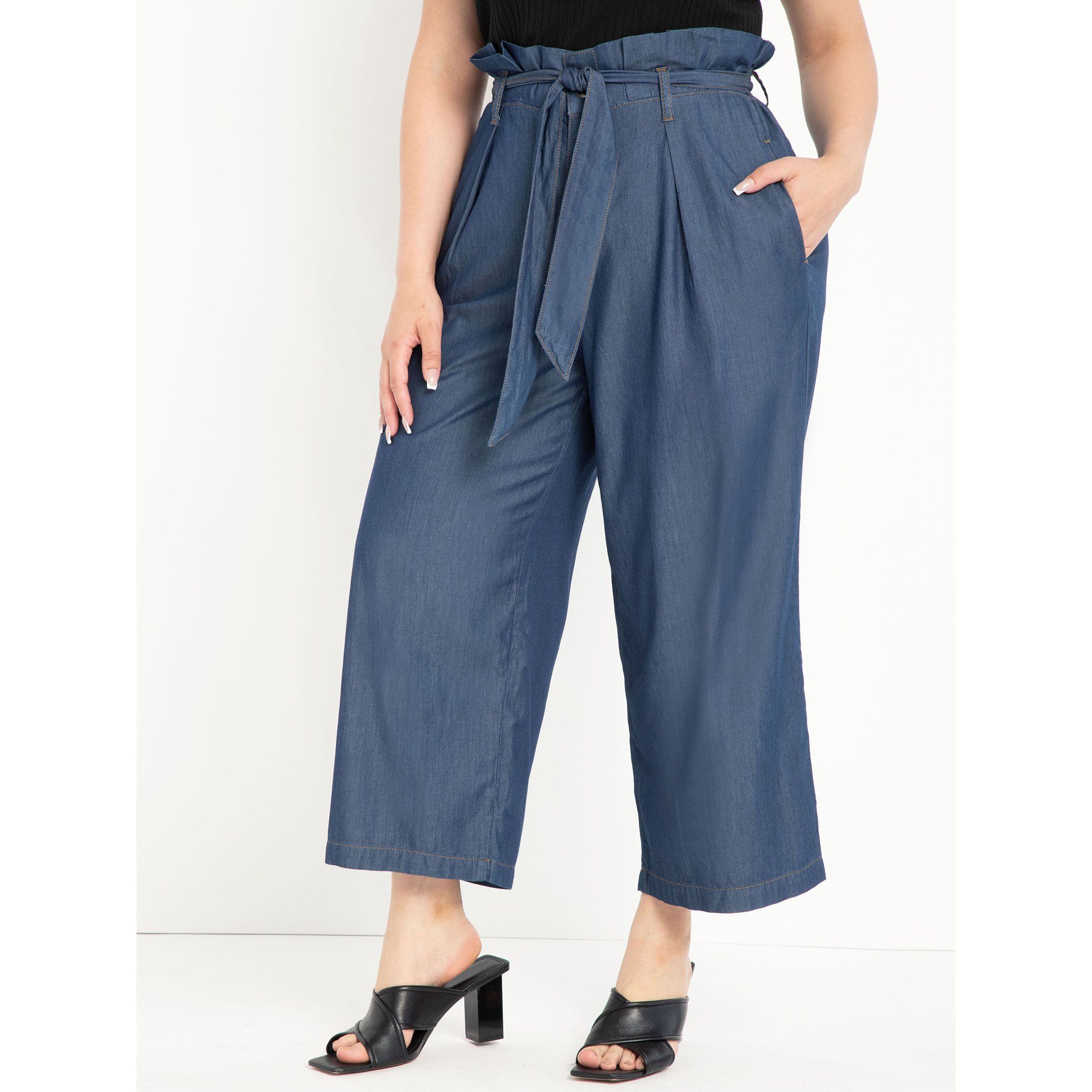 ELOQUII Elements Women's Plus Size Paper Bag Waist Wide Leg Crop Pants | Walmart (US)