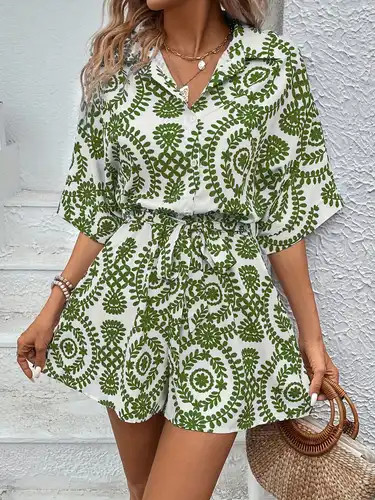 Floral Print Button Front Romper Elegant Short Sleeve Belted - Temu | Temu Affiliate Program