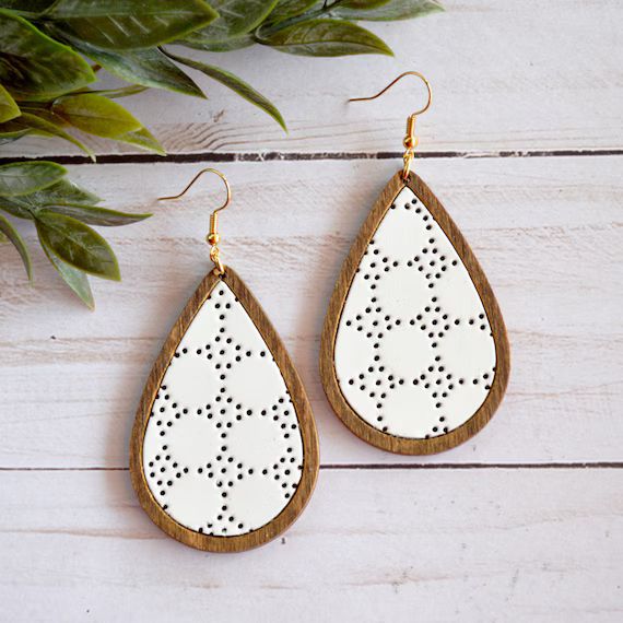 White Leather and Wood Teardrop Earrings | Etsy (US)