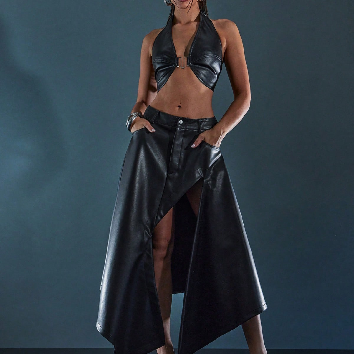 Faux Leather Skirt with Slit | SHEIN