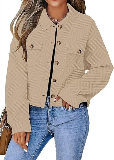 Womens Cropped Shacket Long Sleeve Button Down Lapel Casual Shirt Jacket 2024 Fashion Lightweight... | Amazon (US)