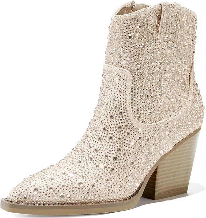 OOHRHN Women's Color Rhinestone Boots Glitter Sparkly Cowboy Booties Chunky Block Heel Pearl Deta... | Amazon (US)