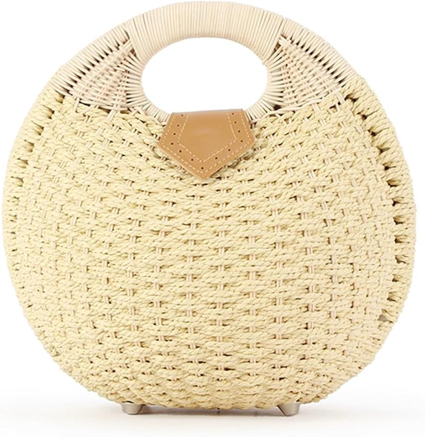 Women's Straw Handbag Handmade Woven Shell Bag Summer Beach Rattan Tote Bag Round Handle Ring Str... | Amazon (US)