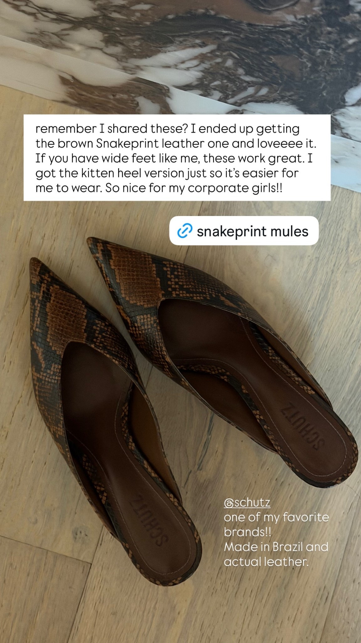 remember I shared these? I ended up getting the brown Snakeprint leather one and loveeee it. If you have wide feet like me, these work great. I got the kitten heel version just so it’s easier for me to wear. So nice for my corporate girls!! @schutz 
one of my favorite brands!! 
Made in Brazil and actual leather.

Animal print heels 
Kitten heels 
Snakeprint heels 
Office heels 
Date night heels 
Mules 
Fall shoes 
Fall outfits

#LTKWorkwear #LTKSeasonal #LTKNYFW
