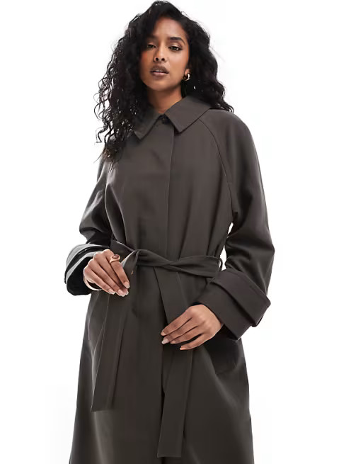 ASOS DESIGN top collar tailored longline trench coat in mushroom | ASOS (Global)