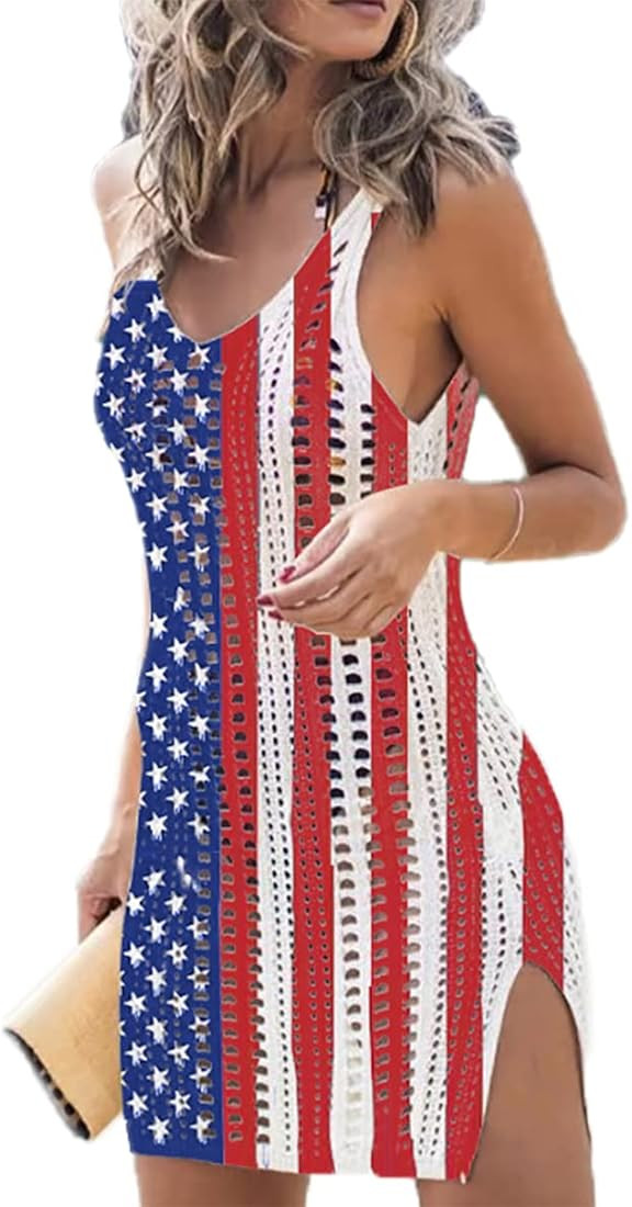 FCHICH American Flag Gradient Hollow Out Slit Crochet Cover Up Dress Women 4th of July Sexy Mesh ... | Amazon (US)