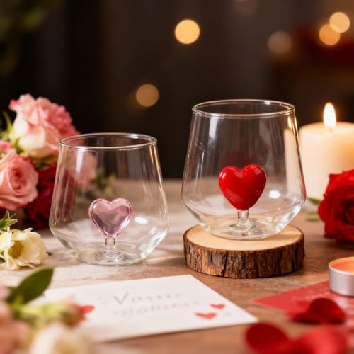 Mimorou 2 Pcs Valentine Day Stemless Wine Glasses 3D Heart Drinking Glass 12oz Red Pink Heart Wine Glasses Clear Drinking Glassware Double Hand Blown Cocktail Glassware for Valentine Party Supplies | Amazon (US)