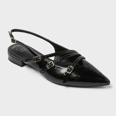 Women's Twiggy Multi Buckle Mini Heel Flats with Memory Foam Insole - A New Day™ Black 9: Faux Leather, Pointed Toe | Target